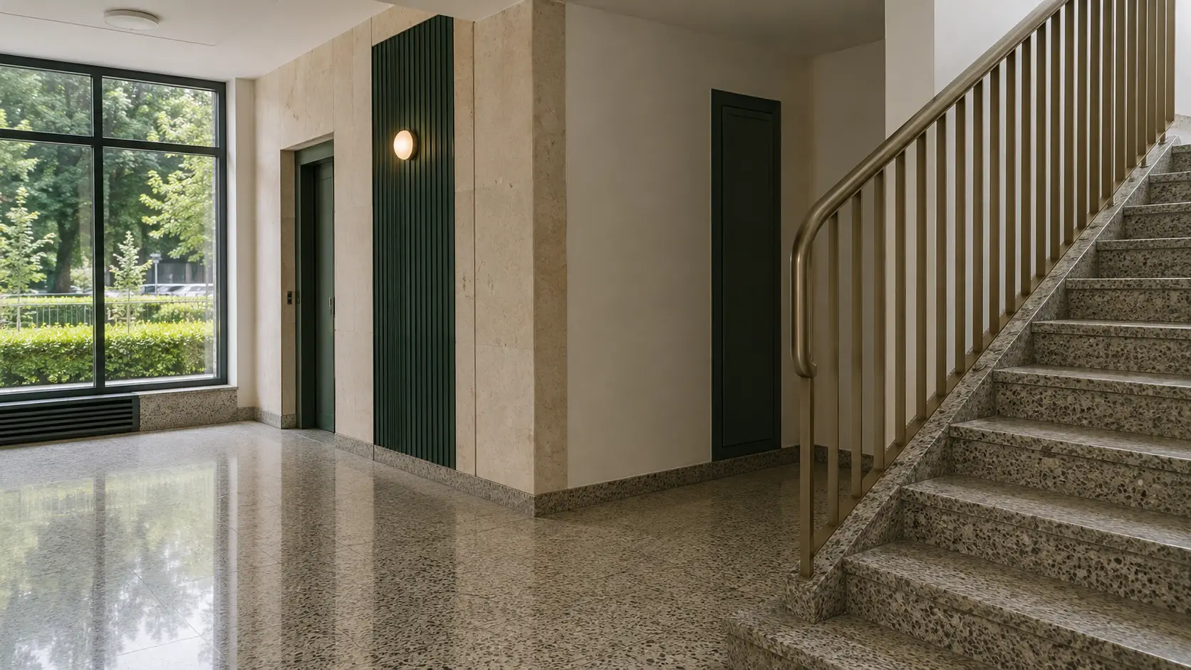 Czysty, rozświetlony hol i klatka schodowa w budynku wielorodzinnym